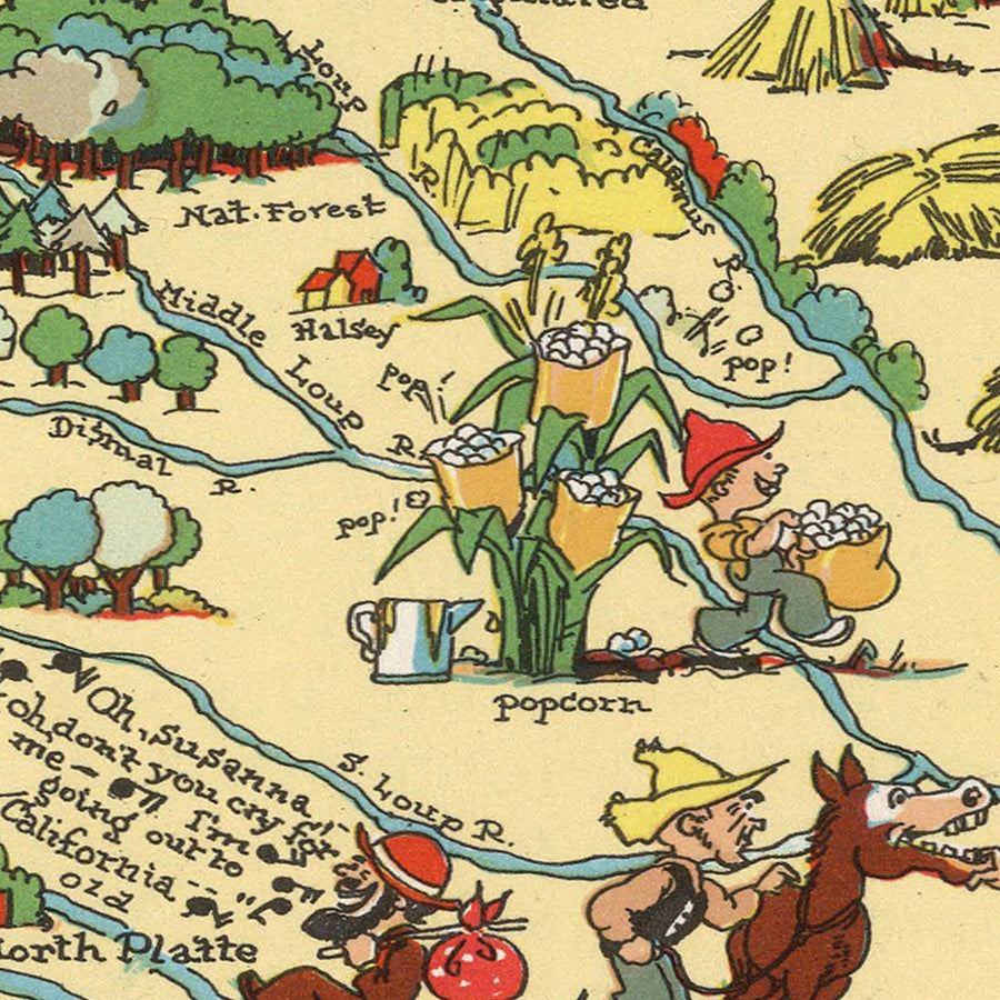 Mappa Pittorica del Nebraska di Ruth Taylor White, 1935: Omaha, Lincoln, Fiume Platte, Sandhills, Ferrovie 