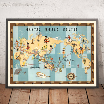 Old Qantas Airlines World Map by Drew, 1950: Australia-centered; BOAC-TEAL; Kangaroo Route