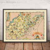 Carte picturale de la Virginie-Occidentale par Ruth Taylor White, 1935 : Charleston, Huntington, extraction de charbon, comtés, Appalaches 