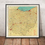 Mapa aeronáutico antiguo de Ohio, 1929: Columbus, Cleveland, Cincinnati, Toledo, Air Trails 