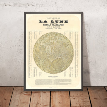 Antica mappa della Luna "La Lune" di Gaudibert, 1877: indice di 509 crateri, maria e raggi, eliogravura 