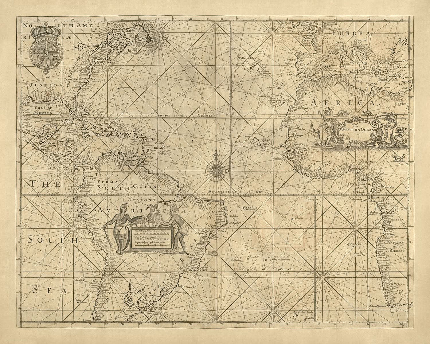 Old Atlantic Ocean Nautical Chart by Mount, 1766: Coasts, Rhumb Lines, Compass Rose