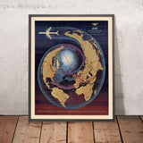Alte Fluggesellschaft Polarprojektion Weltkarte von SAS, 1960: Spiraldesign, Globale Routen 