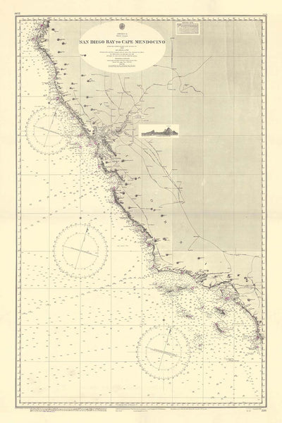 Old Californian Coast Map, 1955: SF Bay, LA Harbor, San Diego to Cape Mendocino Nautical Chart