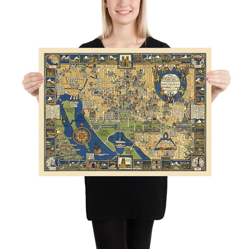 Vecchia mappa pittorica di Washington D.C. di Olsen, 1926: Casa Bianca, Campidoglio, Memoriale di Lincoln, Georgetown, The Mall 