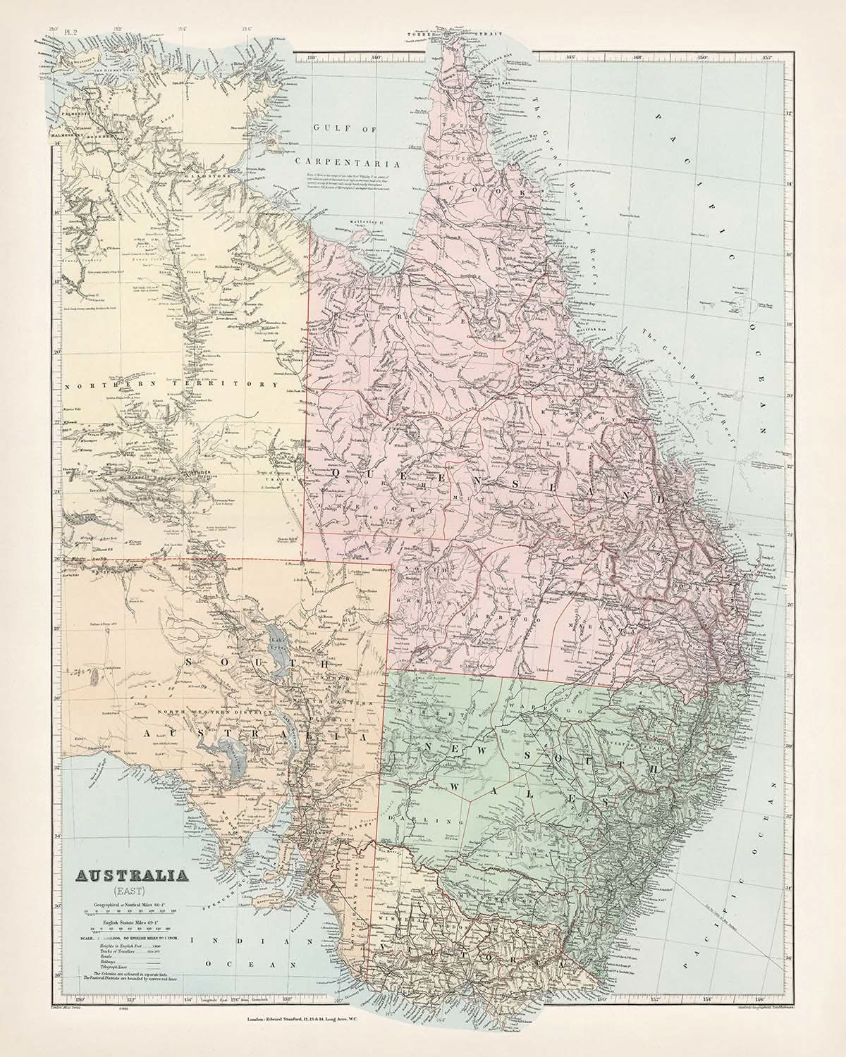 Old Map of Eastern Australia by Stanford, 1887: Sydney, Melbourne, Brisbane, Great Dividing Range, Railroads