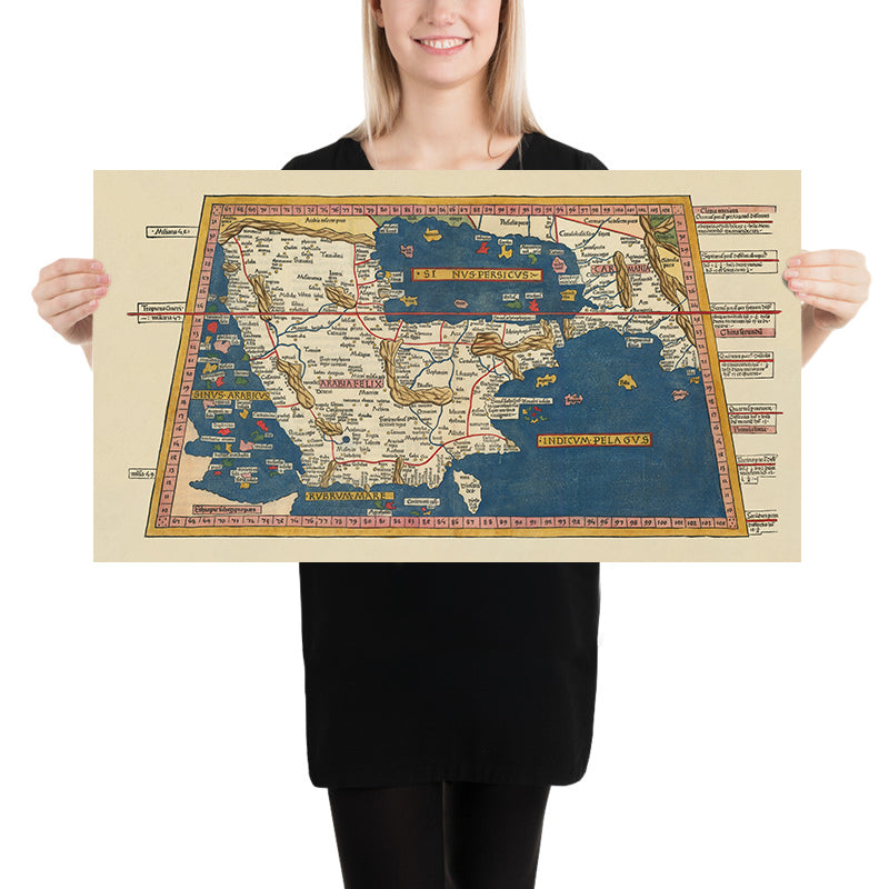 Ancient Map of the Arabian Peninsula by Ptolemy, 1482: Arabia Felix, Red Sea, Persian Gulf, Carmania