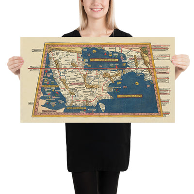 Ancient Map of the Arabian Peninsula by Ptolemy, 1482: Arabia Felix, Red Sea, Persian Gulf, Carmania