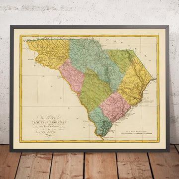 Antica mappa della Carolina del Sud di Carey, 1815: Charleston, Columbia, Greenville, fiume Savannah, Blue Ridge 