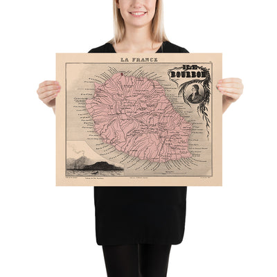 Old Map of Réunion Island by Vuillemin, 1869: Volcano, Saint-Denis, Saint-Pierre, Indian Ocean, Sugar Cane