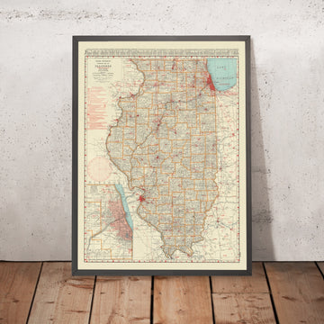 Ancienne carte aéronautique de l’Illinois, 1930 : Chicago, Springfield, voies aériennes, balises, chemins de fer 