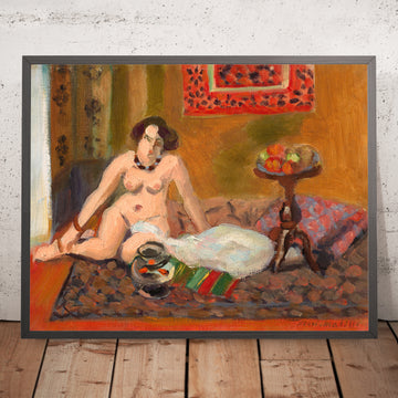 Une image encadrée de Nu accroupi près d’un aquarium (Crouching nude near an aquarium) par Henri Matisse, 1921