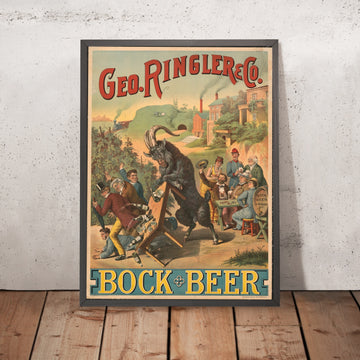 A framed image of Geo. Ringler & Co. Vintage Bock Beer Poster by Henry Jerome Schile, 1886