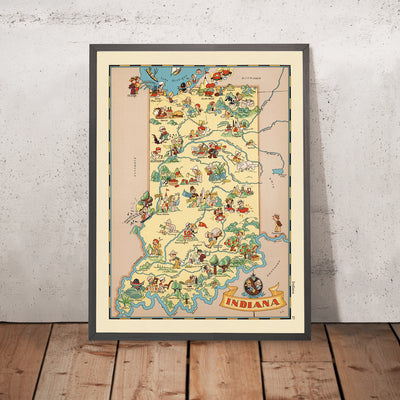 Pictorial Map of Indiana by Ruth Taylor White, 1935: Indianapolis, Fort Wayne, Evansville, Wabash River, Industry Icons