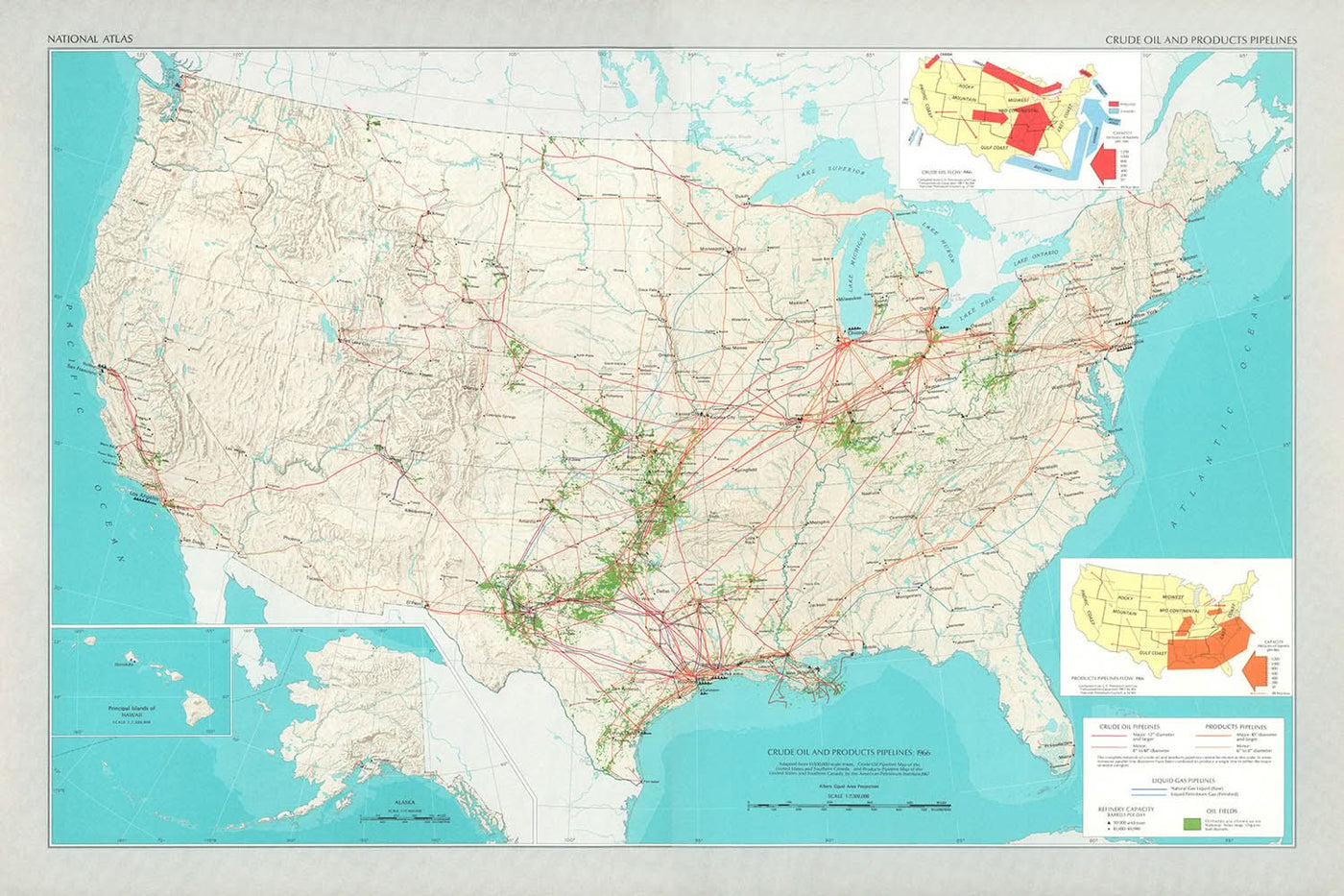 Ancienne carte des États-Unis, 1966 : pipelines, New York, Louisiane, Rocheuses, Grands Lacs