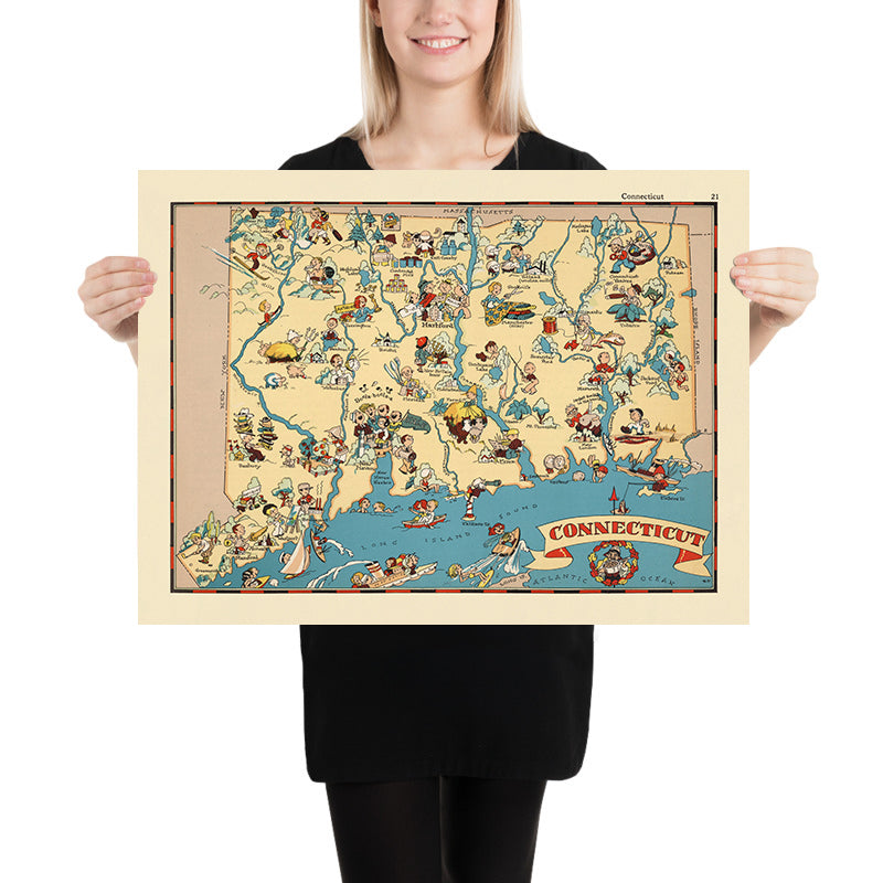 Pictorial Map of Connecticut by Ruth Taylor White, 1935: Bridgeport, New Haven, Yale, Long Island Sound, Connecticut River