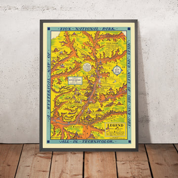 Ancienne carte picturale de Zion National Park par Lindgren, 1939 : Angels Landing, Watchman, Sinawava, Grafton, West Temple 