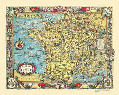 Mapa ilustrado antiguo de Francia, 1936: París, Marsella, Lyon, Océano Atlántico, Castillos