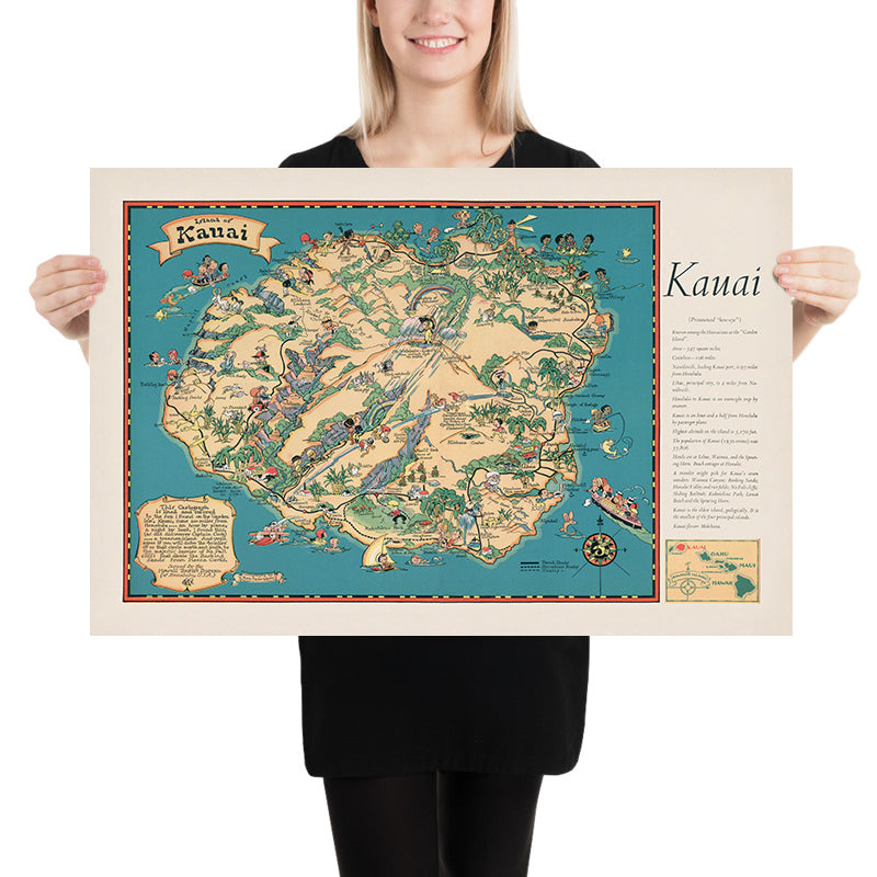 Old Pictorial Map of Kauai, 1935: Waimea Canyon, Na Pali Coast, Hanalei Bay, Mount Waialeale, Wailua River