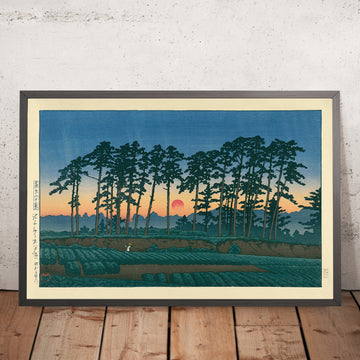 Une image encadrée de Coucher de soleil à Ichinokura, Ikegami par Hasui Kawase, 1935