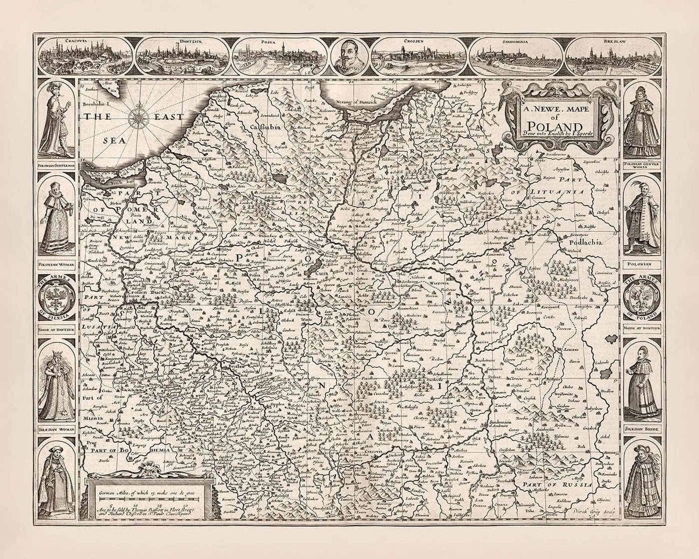 Old Monochrome Map of Poland by Speed, 1676: Warsaw, Kraków, Gdańsk, East (Baltic) Sea