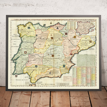 Antica mappa storica di Spagna e Portogallo di Chatelain, 1719: Regni, Province, Stemmi, Inquisizione 