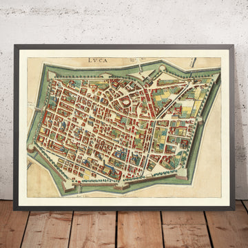 Ancienne carte de la ville de Lucques, Toscane, par Merian, 1638 : remparts et fossé ; Piazza Anfiteatro ; cathédrale ; Palazzo Pfanner ; Via Larga 