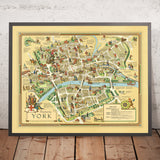 Ancienne carte illustrée de York par Clark 1947 : York Minster, Clifford's Tower, Shambles, Monk Bar, Jorvik 