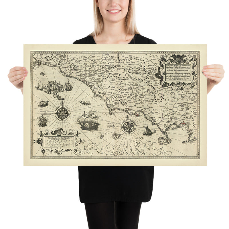 Prima mappa della costa mediterranea italiana di Barentsz, 1595: Napoli, Roma, Capri, Sorrento, Gaeta, Ischia 