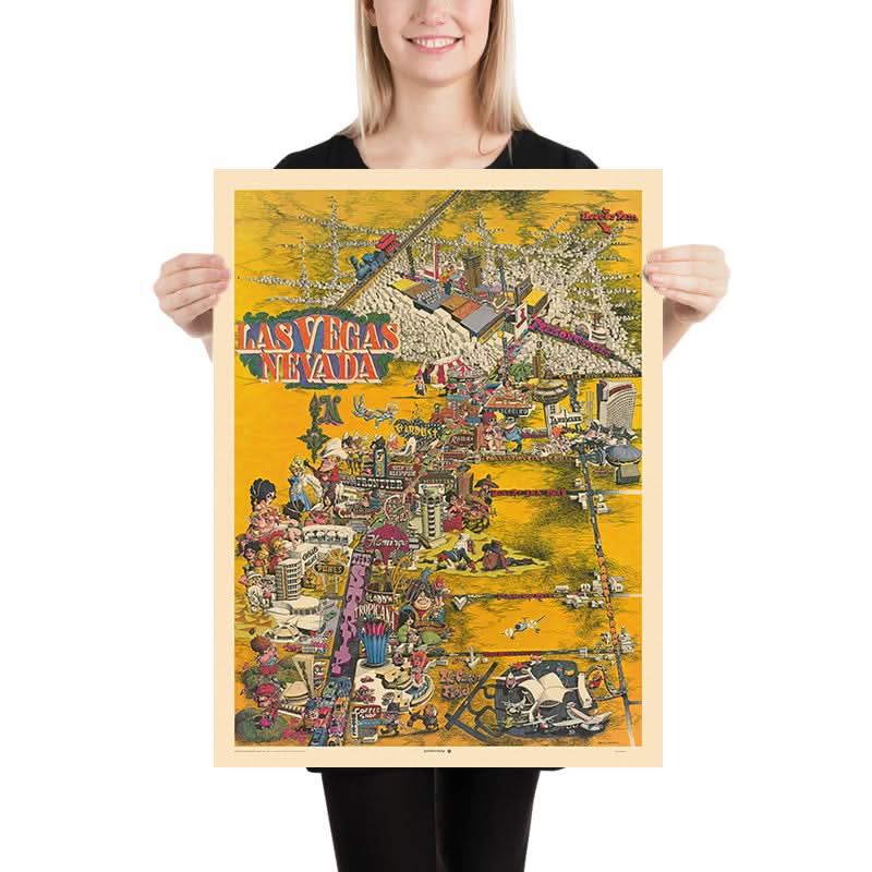 Vecchia mappa pittorica di Las Vegas di Hinton, 1970: The Strip, Caesars Palace, Circus Circus, Fremont St, Centro Congressi 