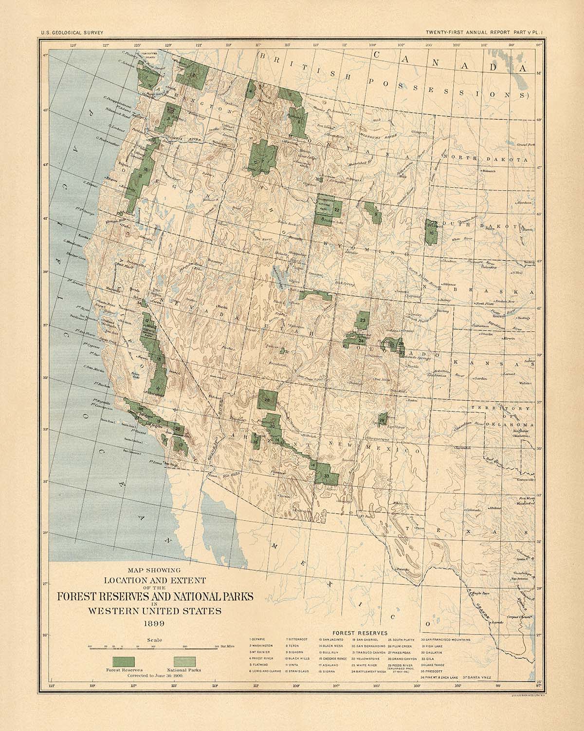 Old Map of Forests & National Parks in the Western USA by USGS, 1900: Yellowstone, Sierra Nevada, Etc.