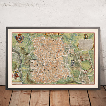 Alte Karte von Madrid von de Fer, 1705: Königlicher Palast, Calle Mayor, Campo Grande, Wappen, Kirchen 