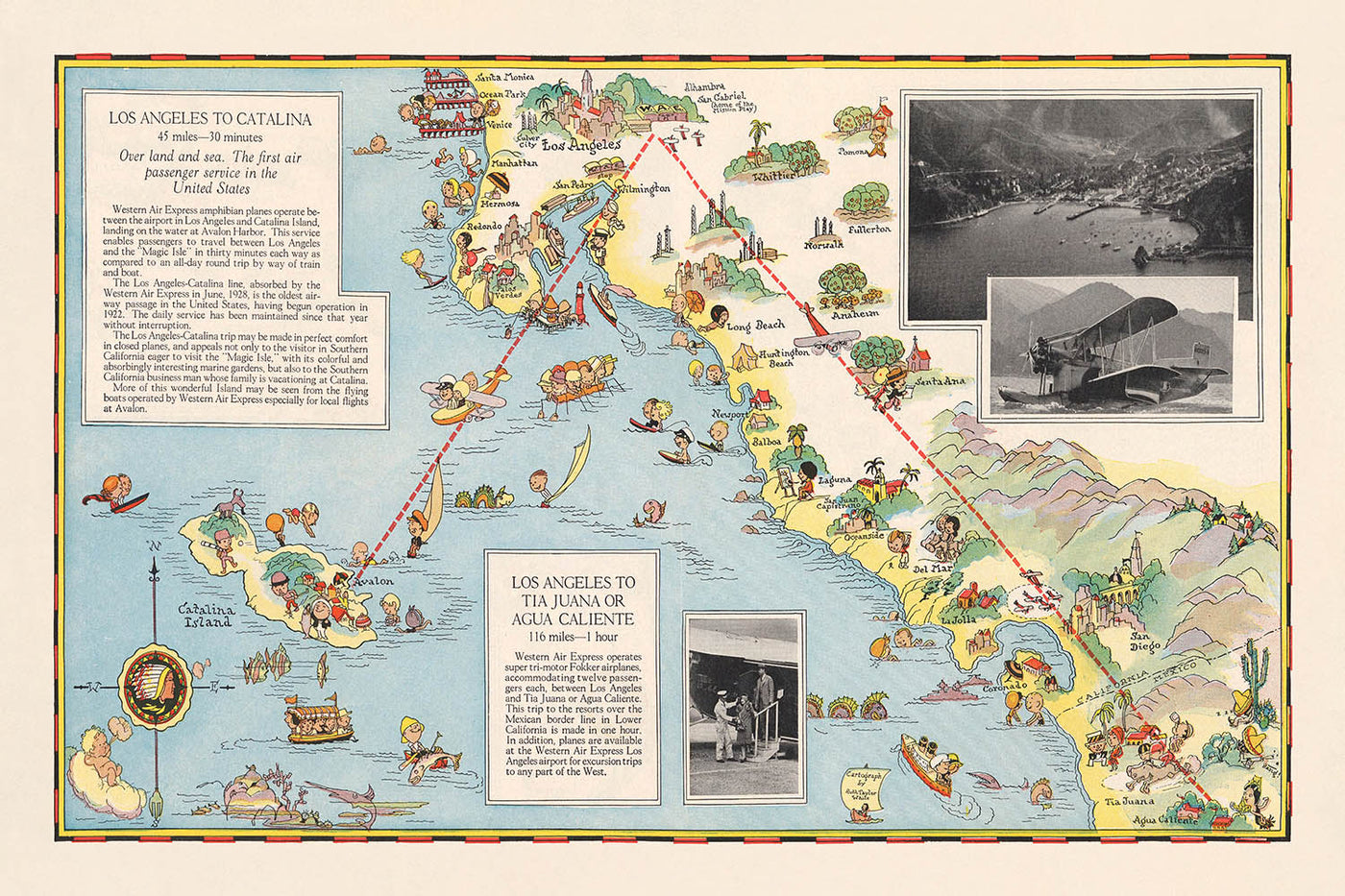 Pictorial Map of Los Angeles to Catalina Airline Route, 1929: Western Air Express, Casino Resort, Tri-Motored Fokker, Santa Monica, Pasadena