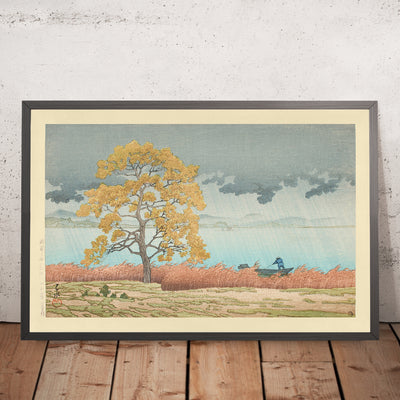 A framed image of Rain on Lake Matsue by Hasui Kawase 1935