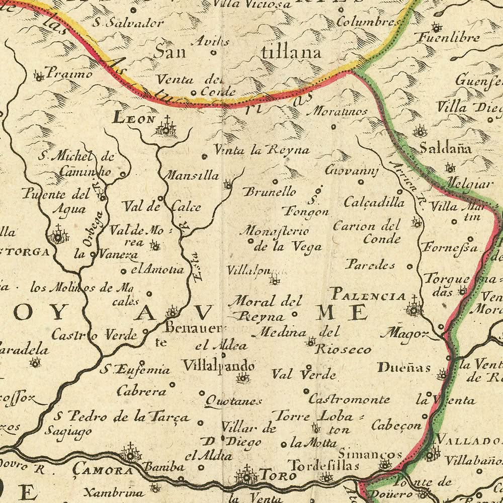 Mapa antiguo del norte de España de Sanson, 1652: Burgos, Valladolid, río Duero, golfo de Vizcaya, fronteras