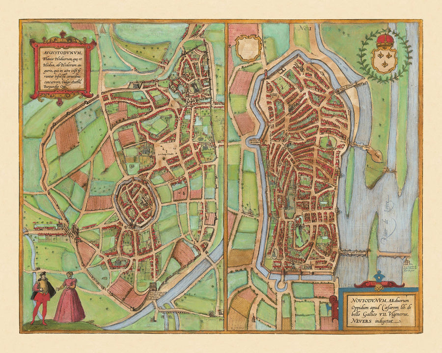 Antica mappa di Autun e Nevers di Braun e Hogenberg, 1581: Mura cittadine, Cattedrali, Palazzo Ducale, fiumi Loire e Arroux, Ponti 