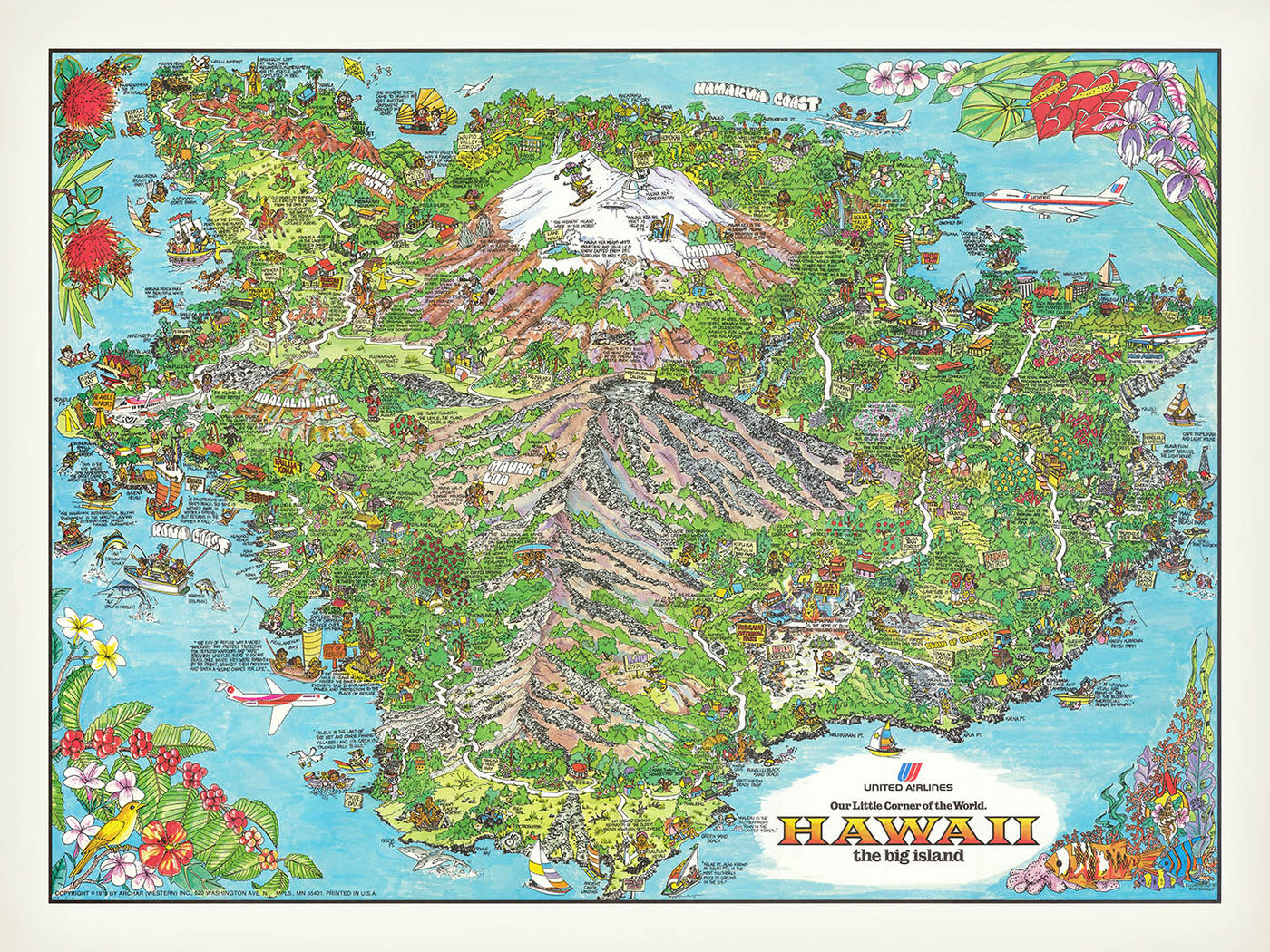 Old Pictorial Map of Hawaii by Forrest, 1979: Big Island, Mauna Kea, Loa, Kilauea, Kona Coast, Hilo