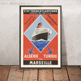 Affiche de voyage France : Rapidité Confort, Transbordement Direct par la Compagnie Générale Transatlantique et les Chemins de fer PLM, 1930 