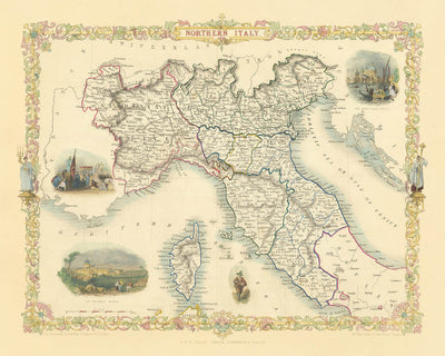 Old Map of Northern Italy by Tallis, 1851: Venice, Alps, St Peter's Basilica, Lake Garda