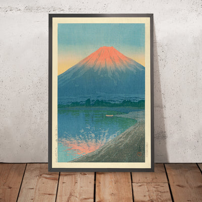 A framed image of Mt. Fuji Dawn at Lake Yamanaka by Hasui Kawase, 1935