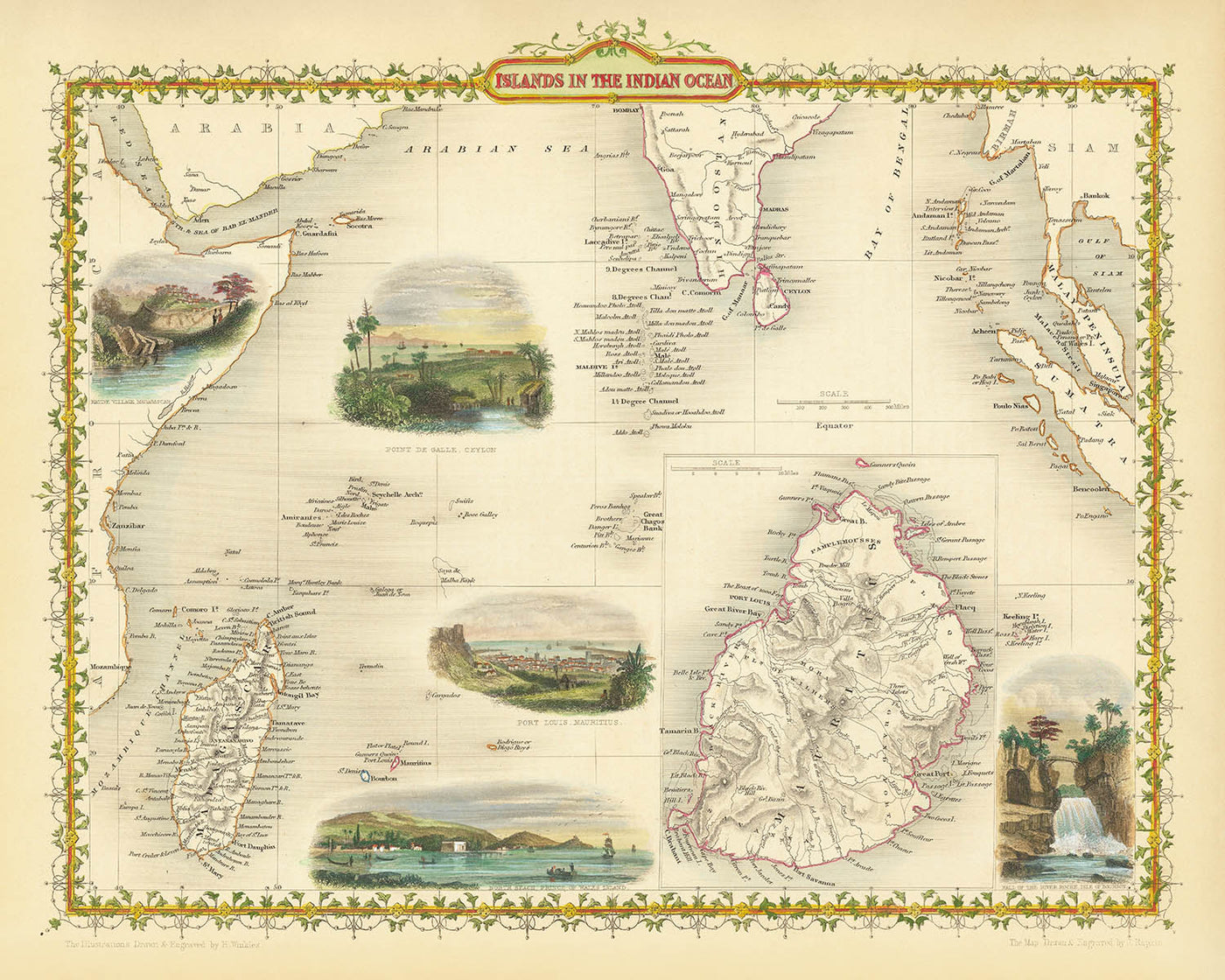 Old Map of the Indian Ocean Islands by John Tallis, 1851: Colonial Madagascar, Mauritius, Ceylon