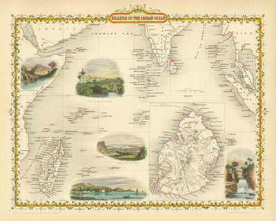 Old Map of the Indian Ocean Islands by John Tallis, 1851: Colonial Madagascar, Mauritius, Ceylon
