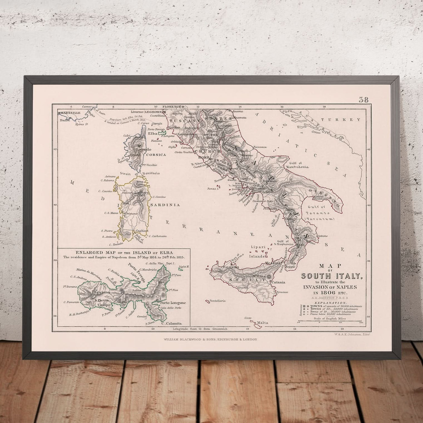 Mapa militar antiguo de la invasión de Nápoles por Napoleón, 1806: Nápoles, Roma, Elba, Sicilia, Calabria