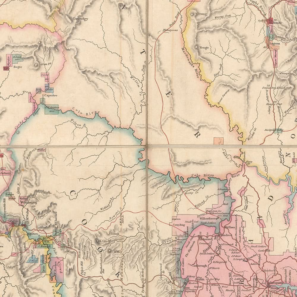 Alte Karte von New South Wales von Dixon, 1837: Sydney, Newcastle, Wollongong, Flüsse, Grafschaften