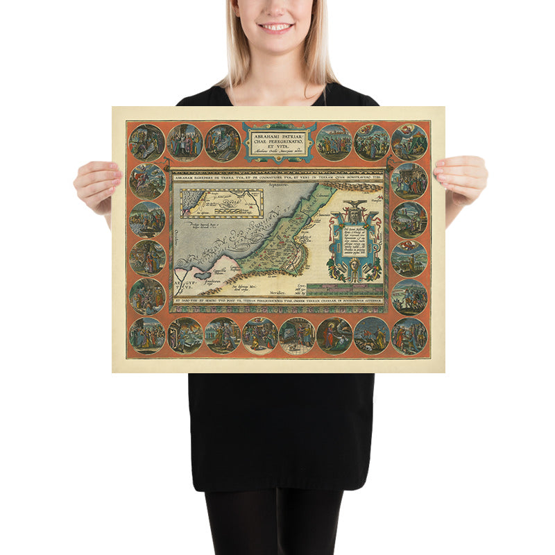 Rare Map of Abraham's Journey in the Holy Land by Ortelius, 1624: Jerusalem, Ur, Babylon, Dead Sea, Mediterranean