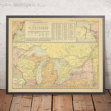 Carte ancienne des transports des Grands Lacs, États-Unis et Ontario, 1917 : Chicago, Detroit, Toronto, Cleveland, canal de Welland 