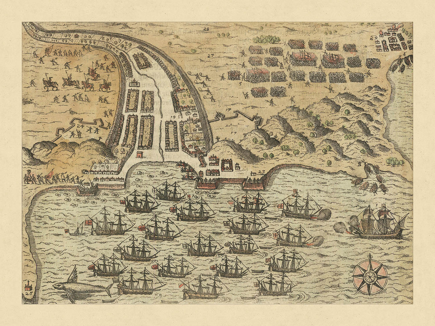 Sir Francis Drake's Attack on Santiago by De Bry, 1599: Battle Map, Fleet, Troops, Fortifications