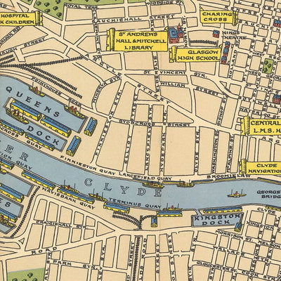 Antiguo mapa ilustrado de Glasgow por Bullock, 1938: Catedral, Universidad, Kelvingrove, Green, Clyde.