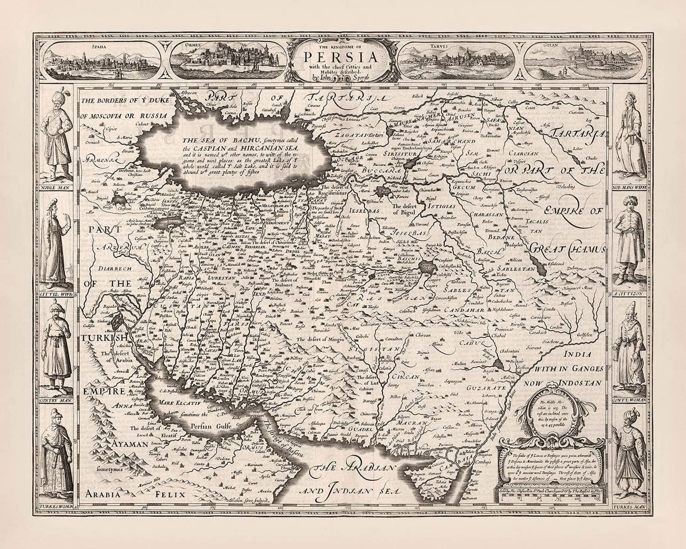 Carte ancienne de l'Iran par Speed, 1676 : Ispahan, mer Caspienne, golfe Persique, Shiraz, Tabriz