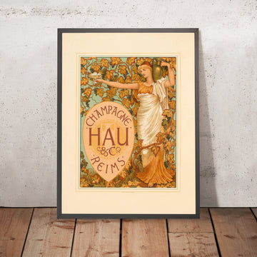 A framed image of Champagne Hau & Co Vintage Champagne Poster by Walter Crane, 1894